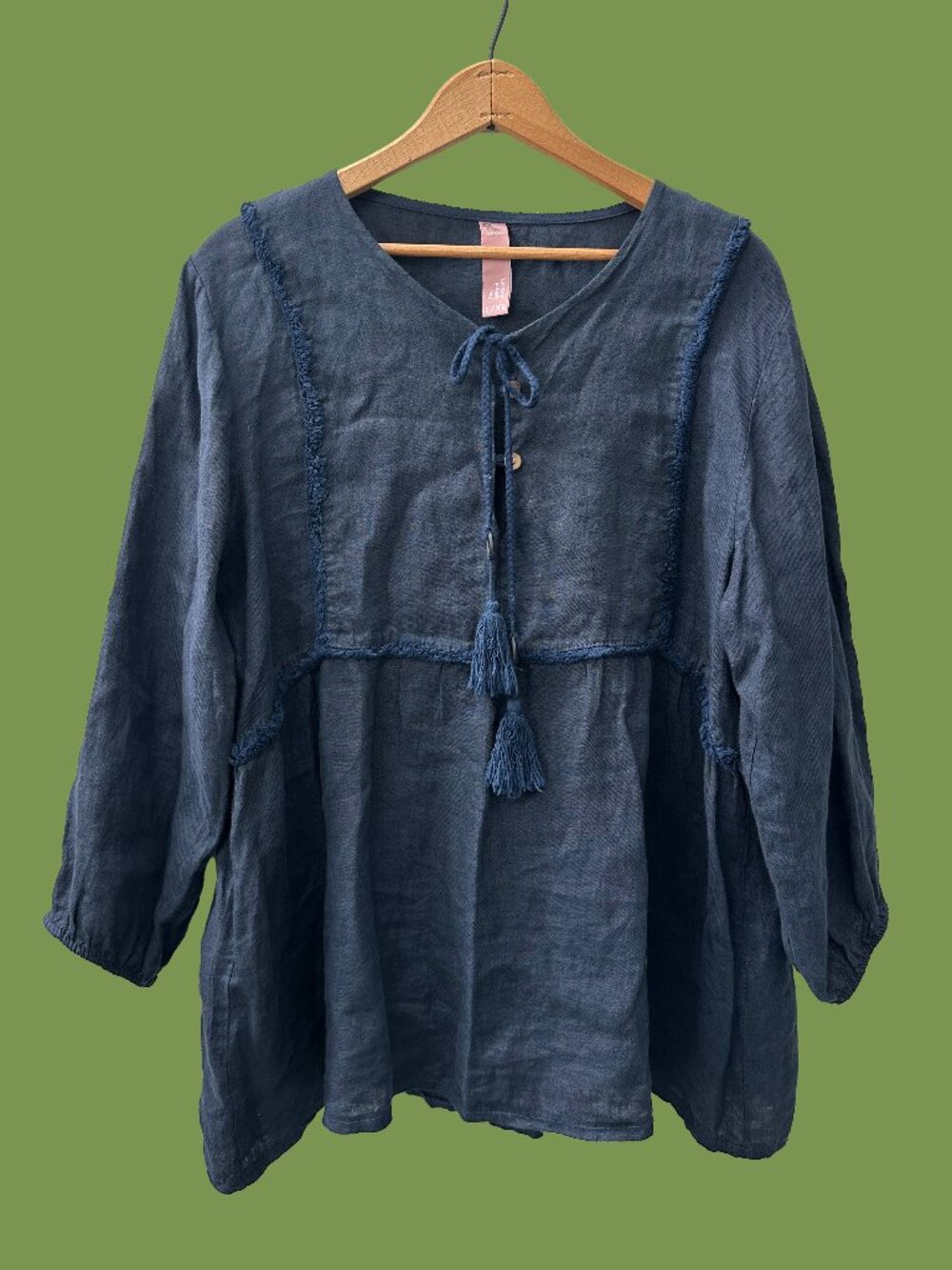 Italian Linen Boho Tunic Navy Tassel Tie Lagenlook Coastal Oversized L/XL